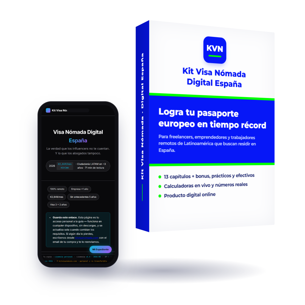 Kit Visa Nómada Digital España: caja del producto y vista de la guía en el celular.
